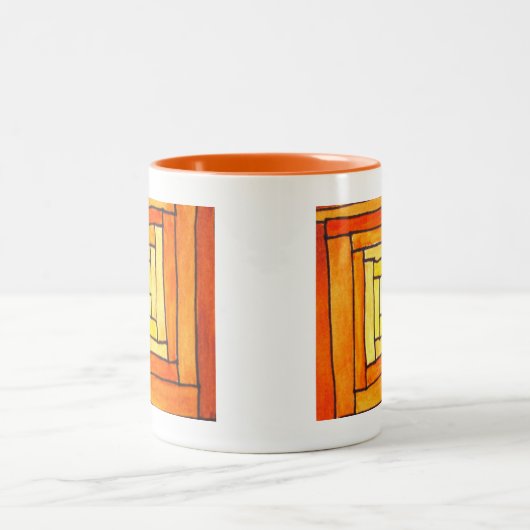 Quadrat Art Deco gelbes Retromuster Zweifarbige Tasse (Mittel)