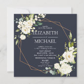 Quadrat Kupfer Geometric Navy Blue Floral Foto Einladung (Vorderseite)