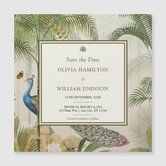 Quadrat Tropischer Pfauenpalm Speichern Sie das Da Magnetkarte (Vorderseite)