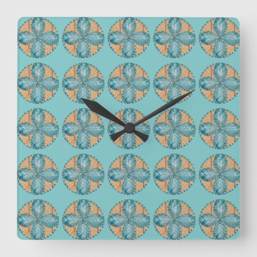 Quadrat-Uhr mit türkisfarbenem Blume-Design Quadratische Wanduhr (Vorderseite)
