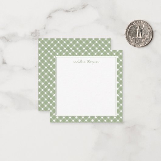 Quadratische Basic-Gingham-Sagegrün-Rand Mitteilungskarte (Vorderseite/Rückseite Beispiel)