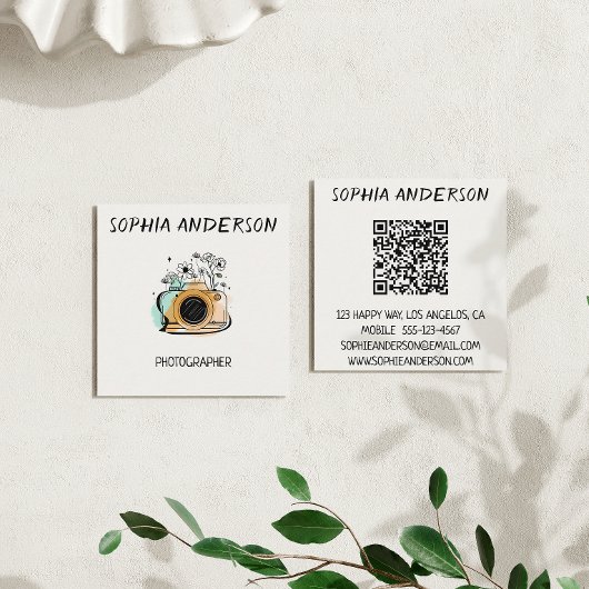Quadratische Blumen-Kamera-Fotograf mit QR-Code Visitenkarte