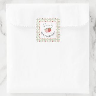 Quadratische essbare Erdbeere-Gingham-1.-Geburtsta Quadratischer Aufkleber