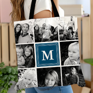 Quadratische Fotocollage Navy Monogramm individuel Tasche