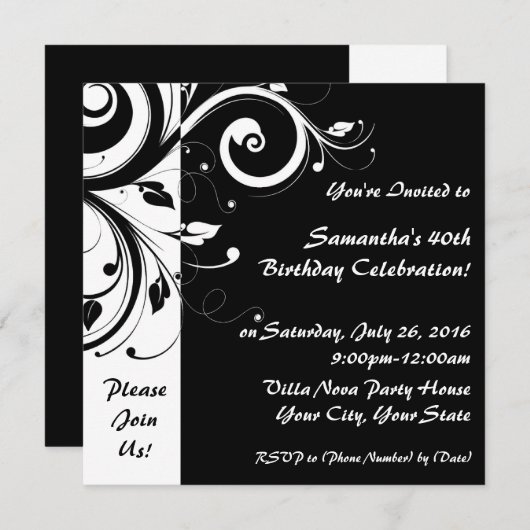 Quadratische Schwarz-Weiß-Umdrehung Party Einladun Einladung (Vorne/Hinten)