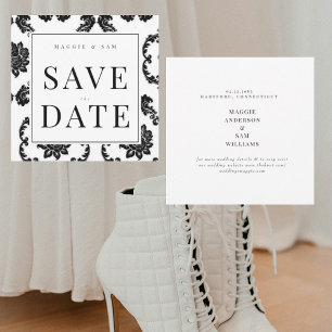Quadratische schwarze Damast-Hochzeit - Save the D Date