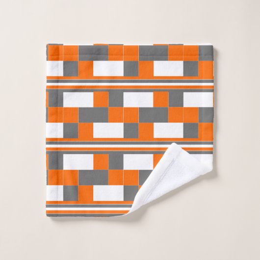 Quadratische Streifen Orange Grau Weiß Muster Badhandtuch Set (Waschlappen)
