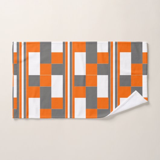 Quadratische Streifen Orange Grau Weiß Muster Badhandtuch Set (Handtuch)