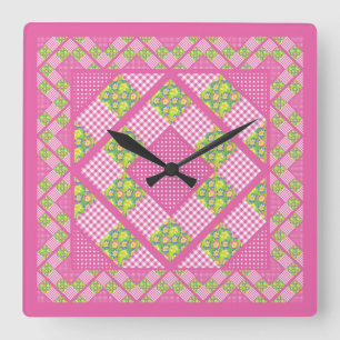 Quadratische Uhr: Rosa: Primeln, Punkte, Gingham Wanduhr