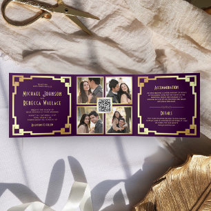 Quadratischer Art Deco Rahmen Lila Gold QR Code Ho Dreifach Gefaltete Einladung