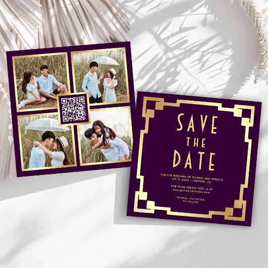Quadratischer Art Deco Rahmen Lila Gold QR Code Ho Save The Date