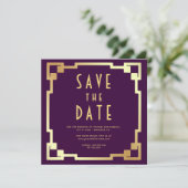 Quadratischer Art Deco Rahmen Lila Gold QR Code Ho Save The Date (Stehend Vorderseite)