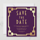 Quadratischer Art Deco Rahmen Lila Gold QR Code Ho Save The Date (Vorderseite)