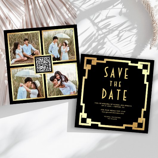 Quadratischer Art Deco Rahmen Schwarz Gold QR Code Save The Date