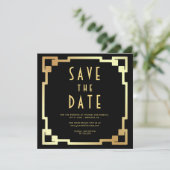Quadratischer Art Deco Rahmen Schwarz Gold QR Code Save The Date (Stehend Vorderseite)