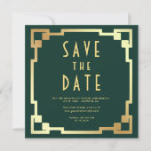 Quadratischer Art Deco Rahmen Smaragd-Gold QR-Code Save The Date (Vorderseite)