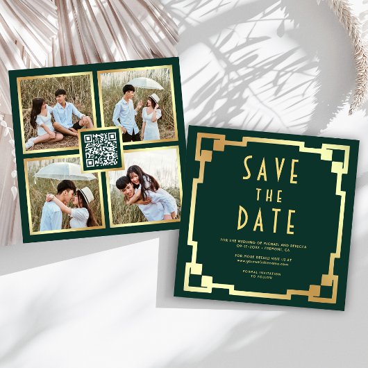 Quadratischer Art Deco Rahmen Smaragd-Gold QR-Code Save The Date