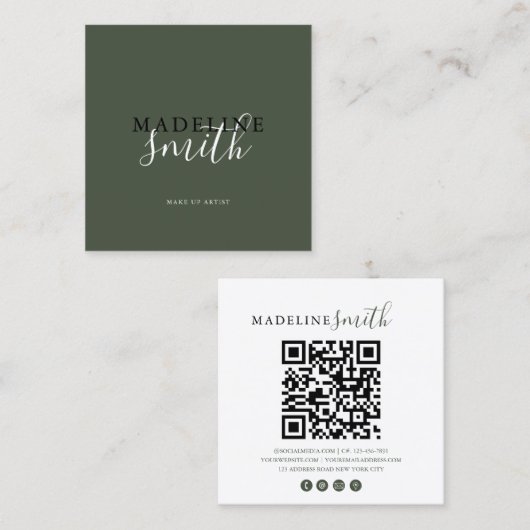 Quadratischer dunkelgrüner Schrift-QR-Code Quadratische Visitenkarte (Vorne/Hinten)