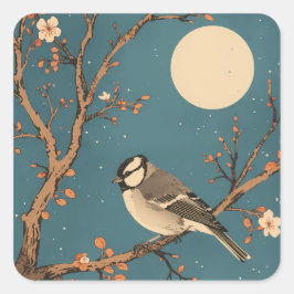 Quadratischer Sticker Mondlicht-Vogel auf Blütenzw