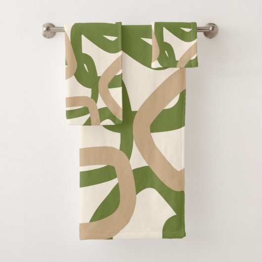 Quadratischer Tangle Olive Green Warm Taupe Badhandtuch Set (Insitu)