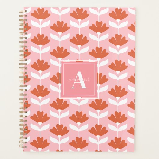Quadratisches Monogramm Initial Pink & Rot Floral Planer (Vorderseite)