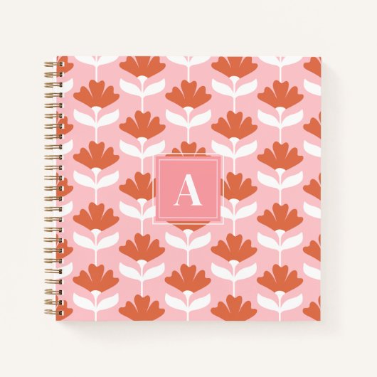 Quadratisches Monogramm Initial Rosa & Rote Floral Notizblock (Vorderseite)