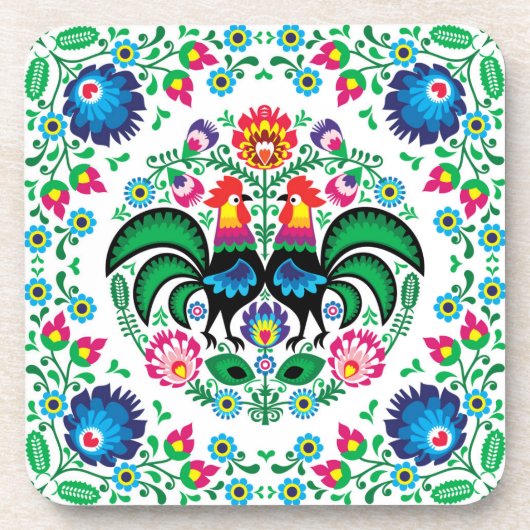 Quadratisches polnisches Hahn-Muster Getränkeuntersetzer (Vorderseite)