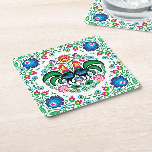 Quadratisches polnisches Hahn-Muster Rechteckiger Pappuntersetzer (angewinkelt)