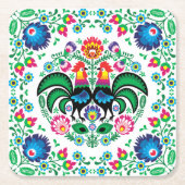 Quadratisches polnisches Hahn-Muster Rechteckiger Pappuntersetzer (Vorderseite)