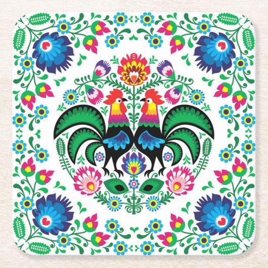 Quadratisches polnisches Hahn-Muster Rechteckiger Pappuntersetzer (Vorderseite)