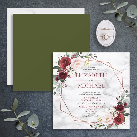 Quadratkupfergeometrische Burgundy-Marmorhochzeit Einladung