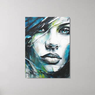 Quadro abstrato rosto de mulher azul, cinza, preto leinwanddruck