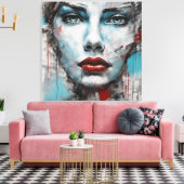 Quadro abstrato rosto de mulher azul, cinza, red leinwanddruck (Insitu (Wohnzimmer))