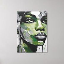 Quadro abstrato rosto de mulher verde cinza, preto
