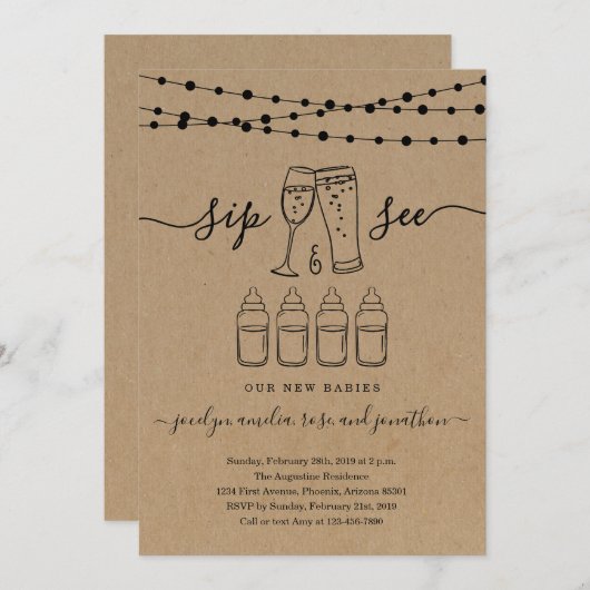 Quadruplets Sip & See Bubbles & Brews Einladung (Vorne/Hinten)