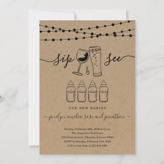 Quadruplets Sip & See Wine & Biertoast Einladung (Vorderseite)