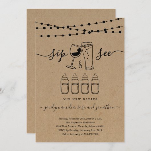 Quadruplets Sip & See Wine & Biertoast Einladung (Vorne/Hinten)