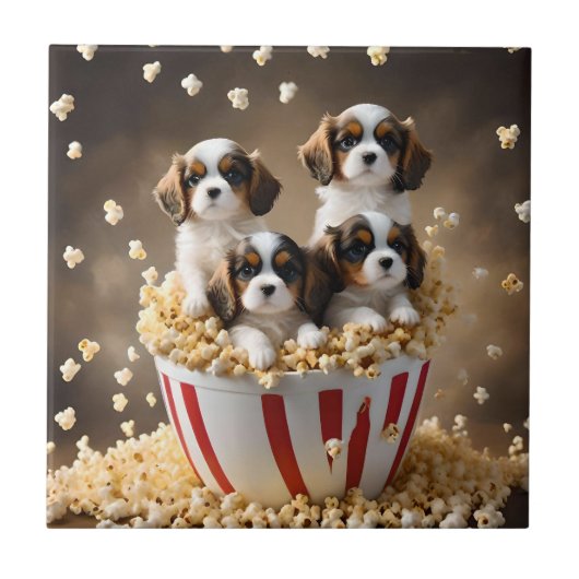 Quads Cavalier Spaniel Welpen im Popcorn, Fliese (Vorderseite)