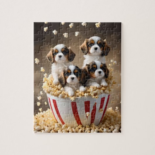 Quads Cavalier Spaniel Welpen im Popcorn, Puzzle (Vertikal)