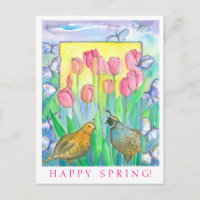 Quail Birds Pink Tulip Wasserfarbe glücklicher Frü