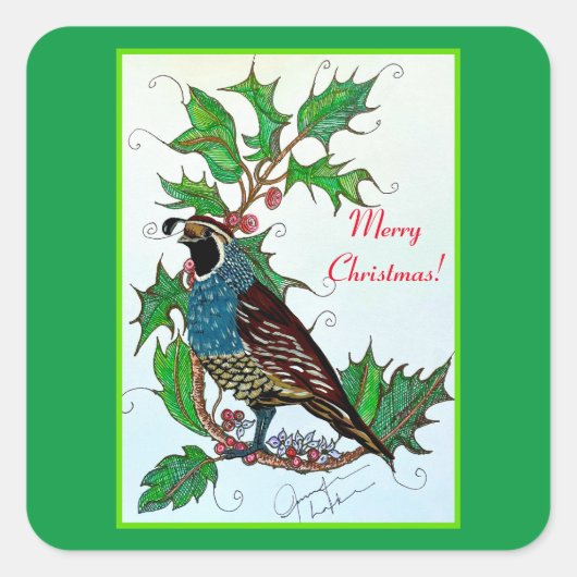 Quail in Holly Quadratischer Aufkleber (Vorderseite)