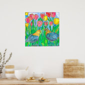 Quail Pink Tulips Bird Wasserfarbe Malerei Poster (Küche)