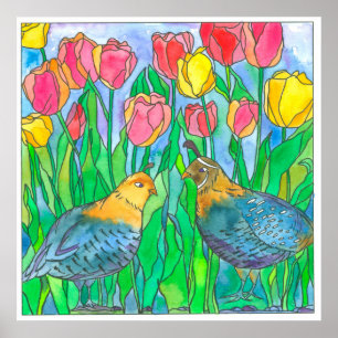 Quail Pink Tulips Bird Wasserfarbe Malerei Poster