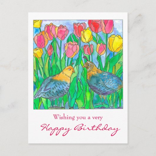 Quail Tulip Garden Happy Birthday Postkarte (Vorderseite)