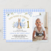 Quaint Blue Kariert Boys Bunny Rabbit 1. Geburtsta Einladung (Vorne/Hinten)