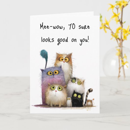 Quaint Cats with Big Eyes 70th Birthday Greeting Karte (Gelbe Blume)