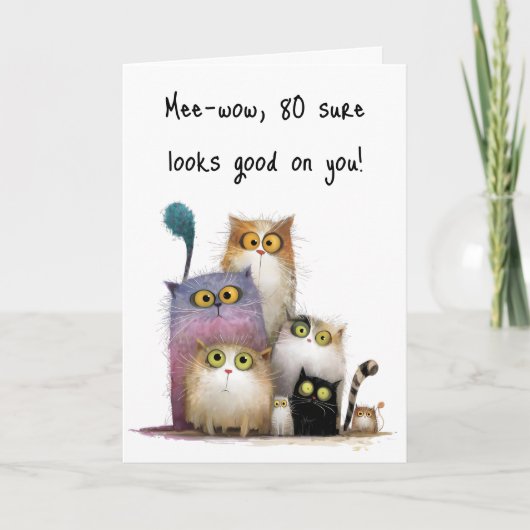 Quaint Cats with Big Eyes 80th Birthday Greeting Karte (Vorderseite)