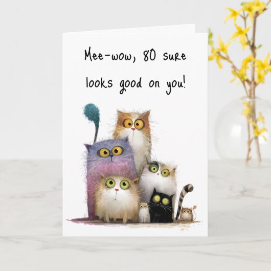 Quaint Cats with Big Eyes 80th Birthday Greeting Karte (Gelbe Blume)