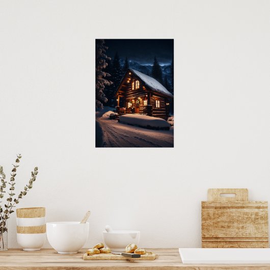 Quaint Mountain Log Cabin - Ein gemütliches Weihna Poster (Küche)