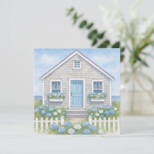 Quaint Nantucket Watercolor Summer Hütte Dankeskarte (Stehend Vorderseite)